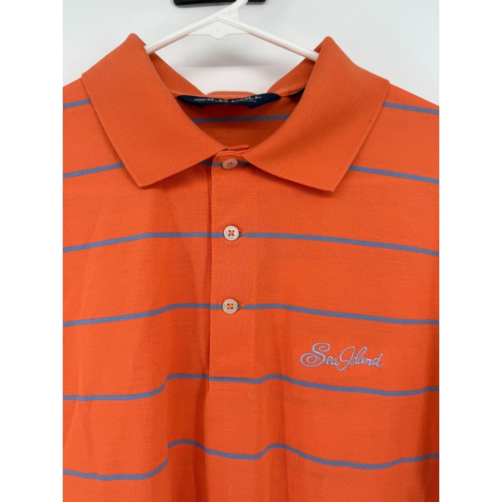 Sea Island Mens Polo Shirt Orange Blue Striped Short Sleeve Golf Casual see pics
